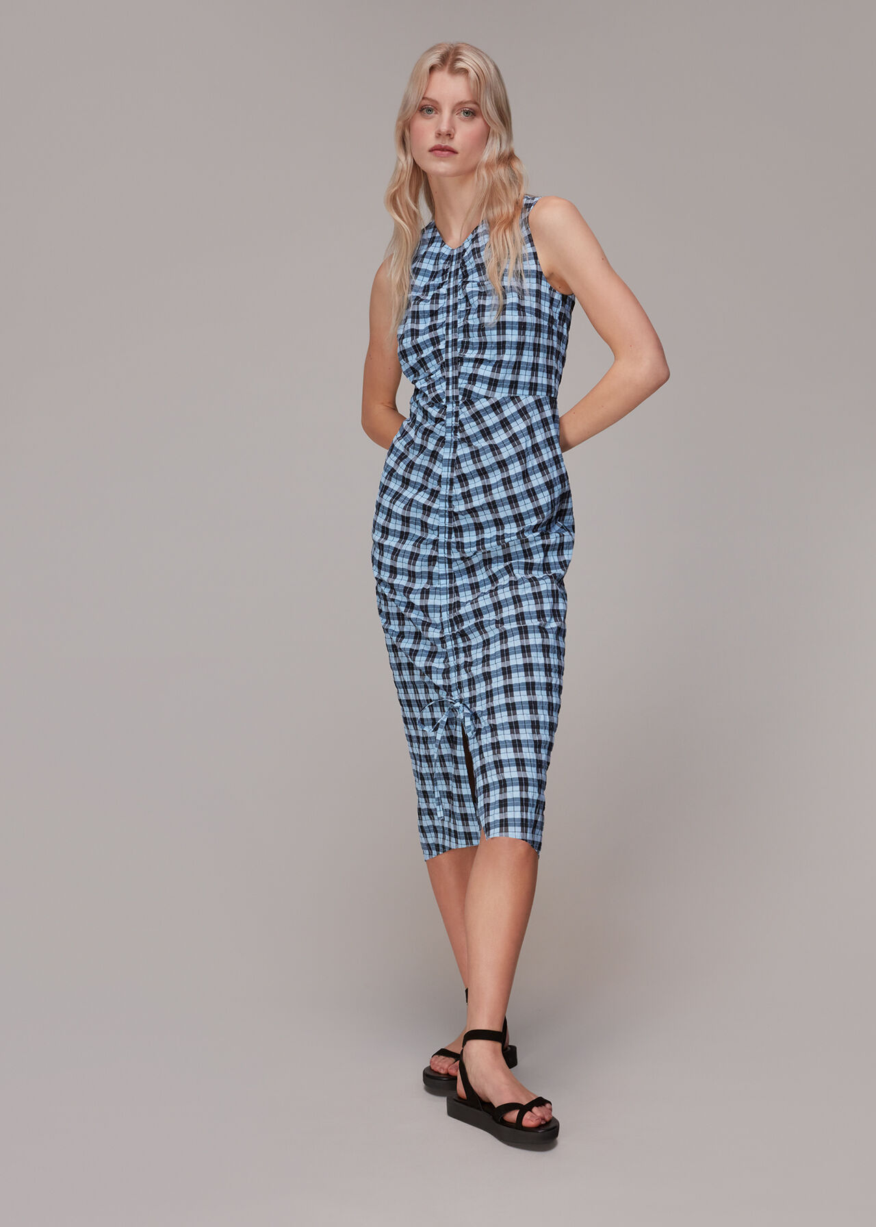 Ruched Gingham Midi Dress