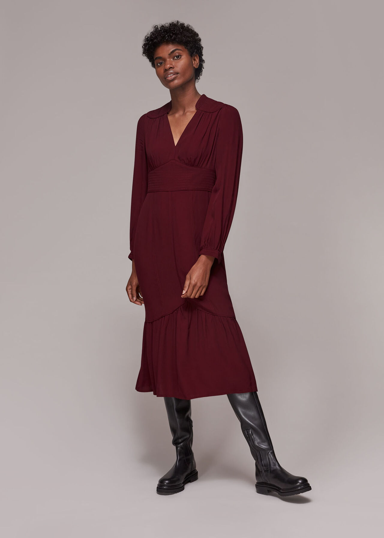 Burgundy Topstitch Detail Midi Dress | WHISTLES