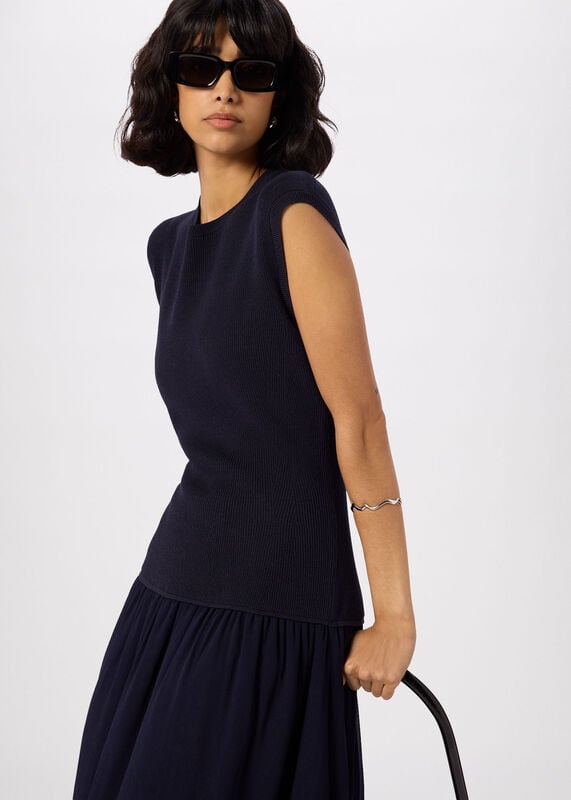 Navy Knitted 2in1 Bubble Hem Dress
