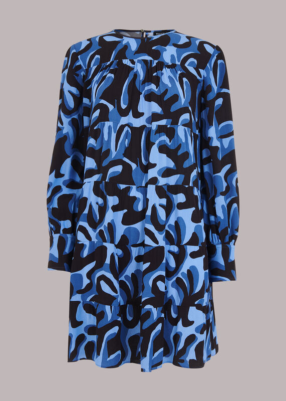 Blue Foliage Print Tiered Dress