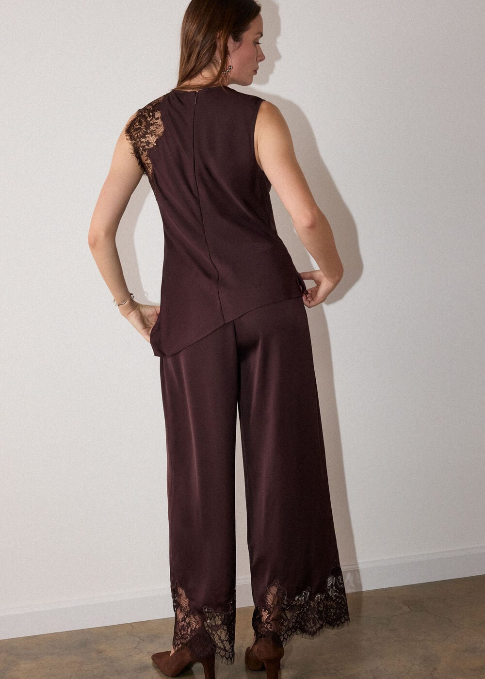 Chocolate Lace Asymmetric Satin Top