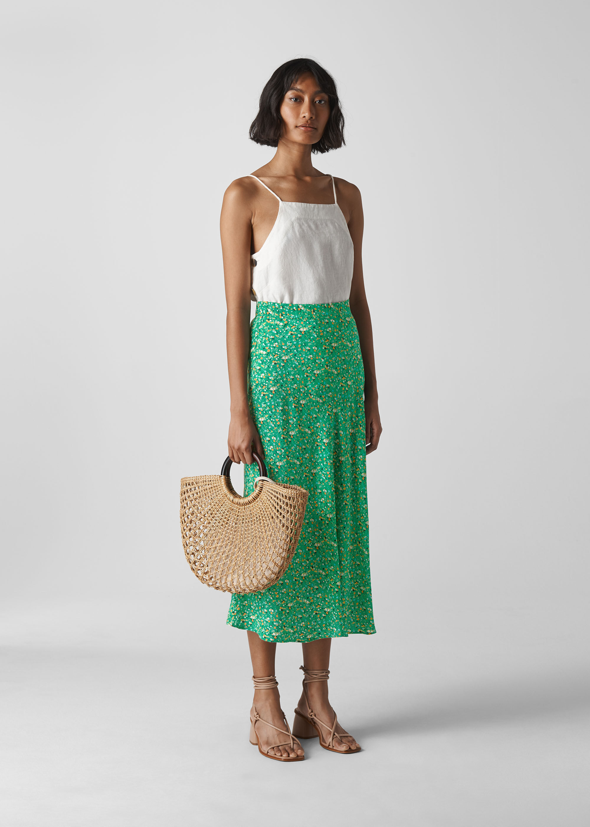 Green Multi Ditsy Blossom Bias Cut Skirt WHISTLES