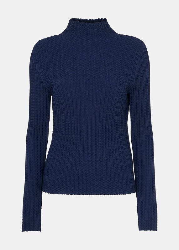 Navy Textured Detail High Neck Knit