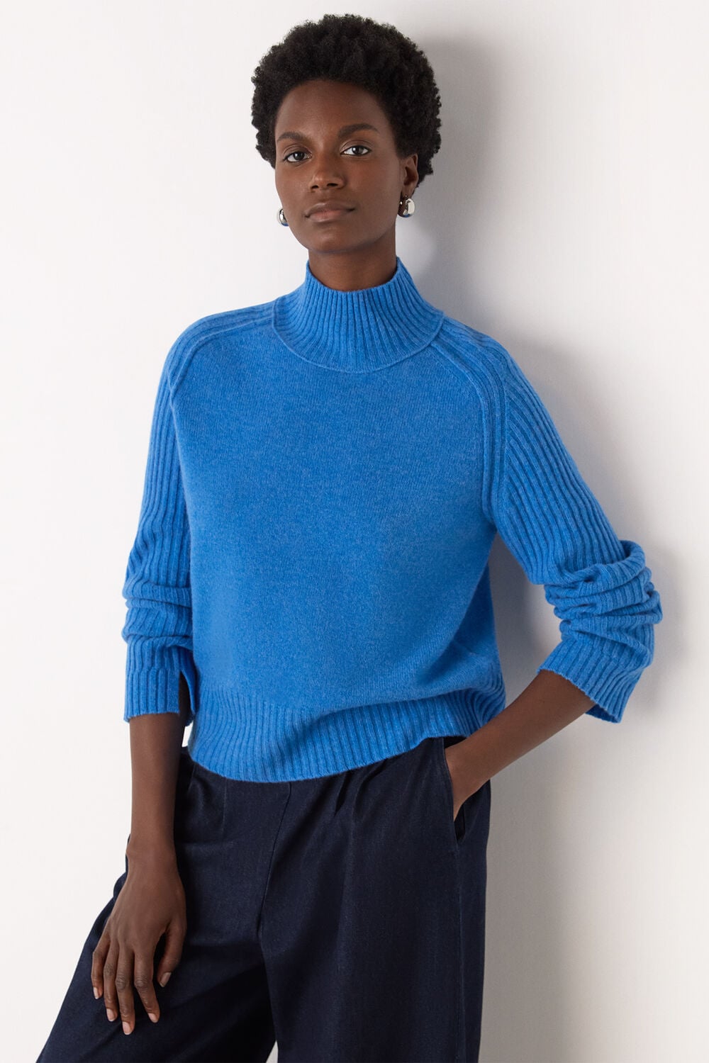 Blue Wool Funnel Neck Knit