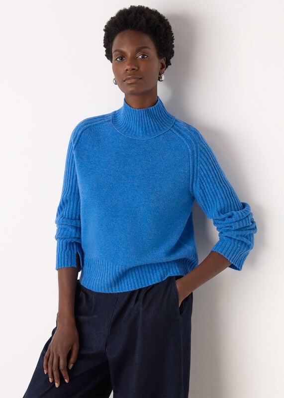 Blue Wool Funnel Neck Knit