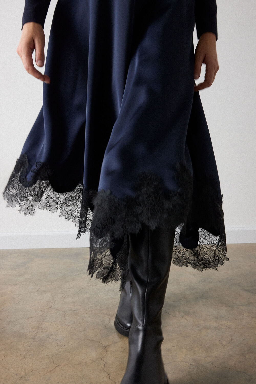 Navy Petite Knit Hybrid Lace Trim Dress