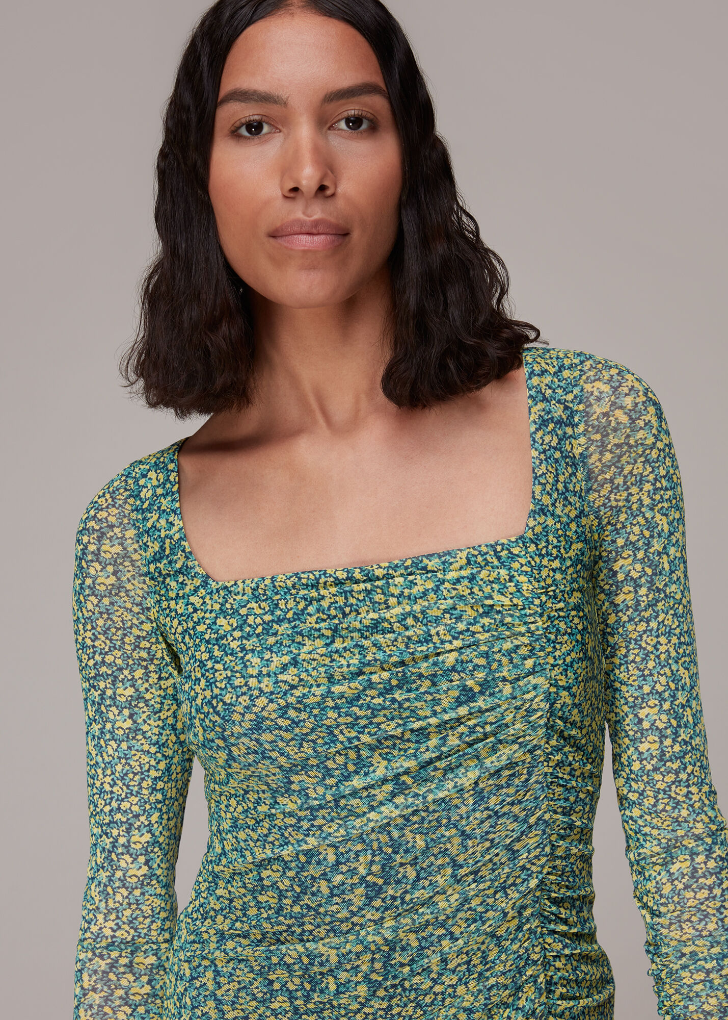 Green/Multi Ditsy Sunflower Mesh Dress WHISTLES