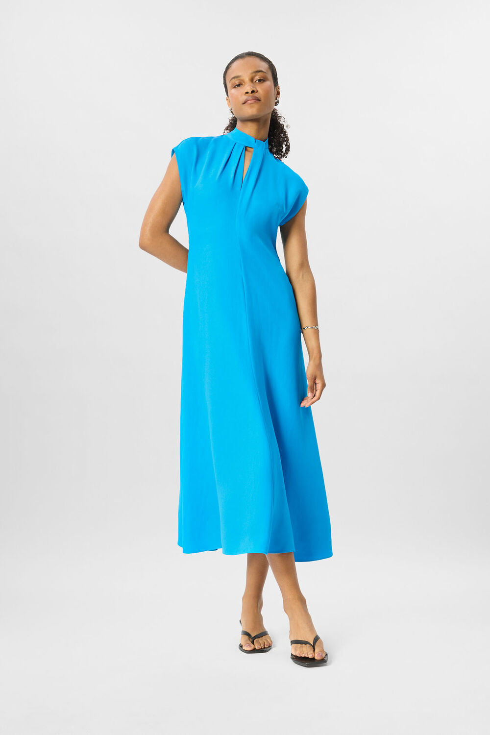 Blue Petite Twist Neck Crepe Midi Dress