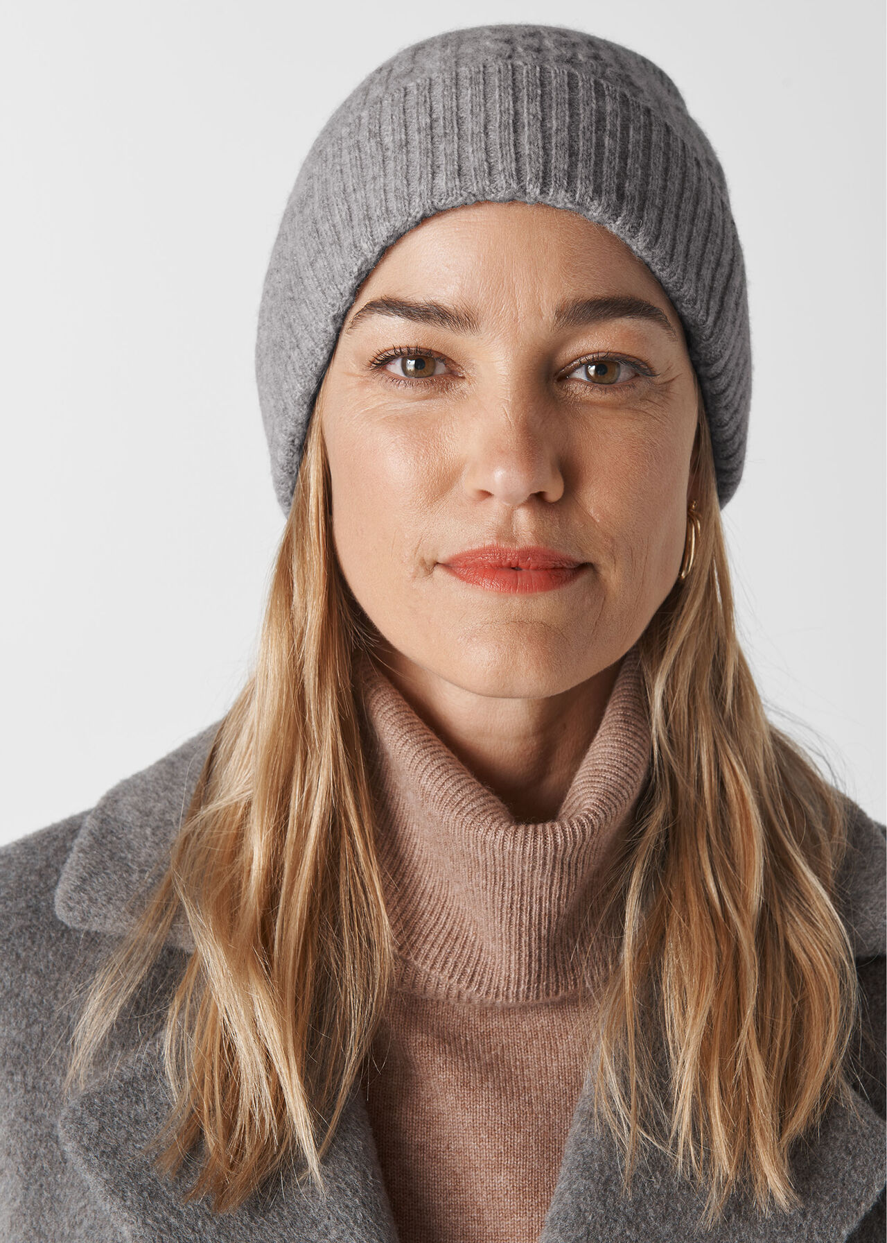 Grey Cable Knit Beanie Hat WHISTLES Whistles ROW