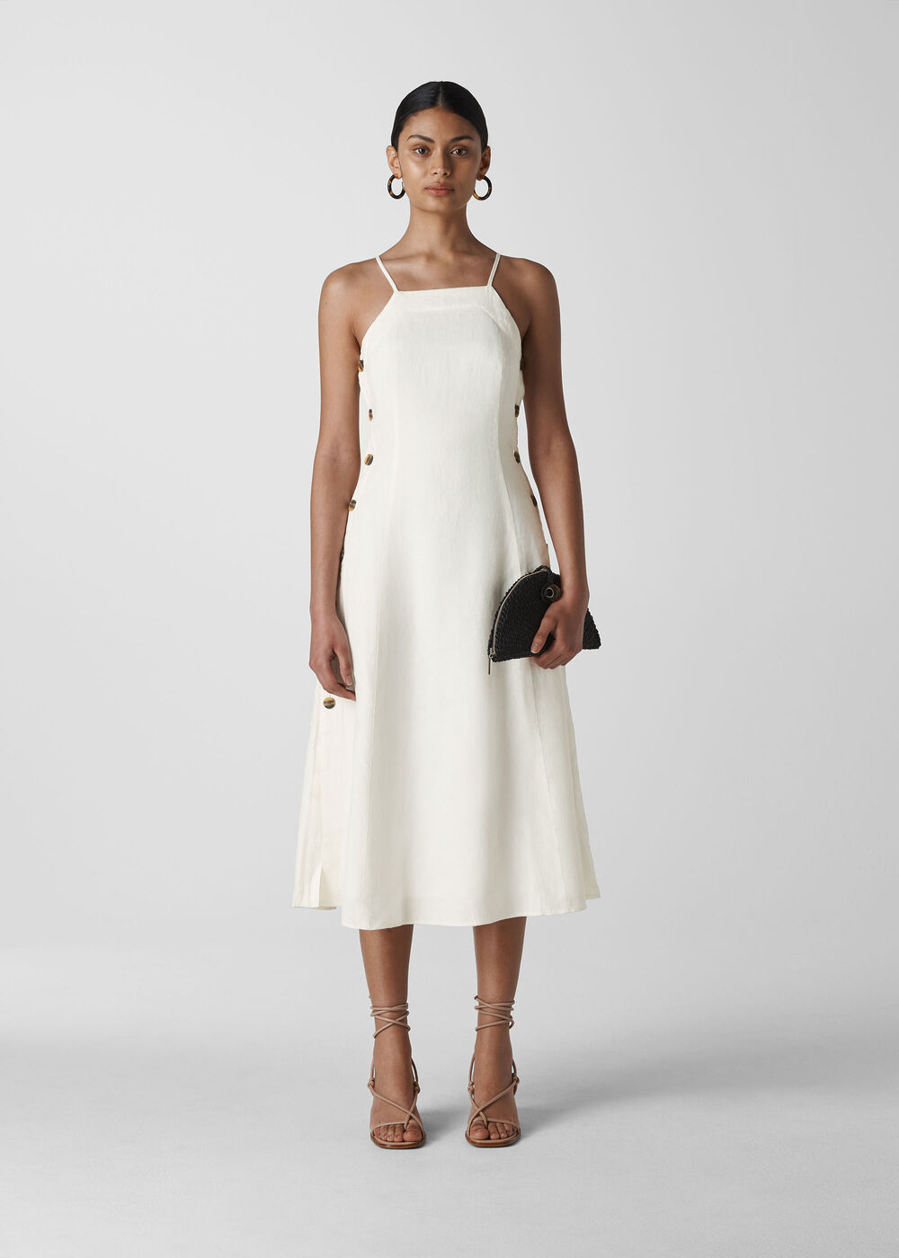 Nina Button Linen Dress White