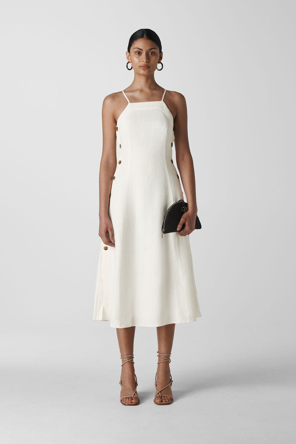 Nina Button Linen Dress White