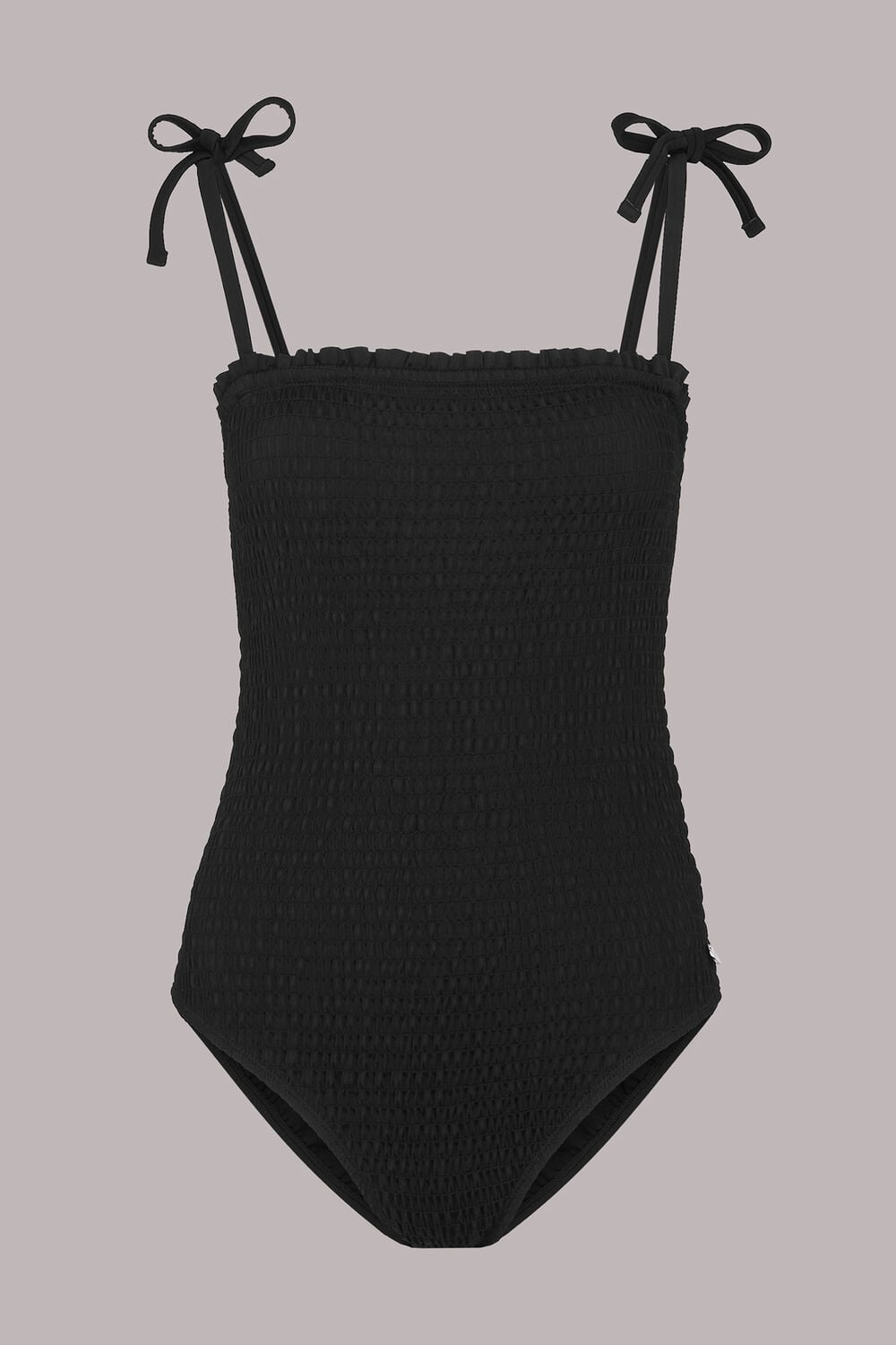 Shirred Tie Strap Swimsuit Black