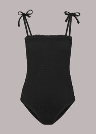 Shirred Tie Strap Swimsuit Black