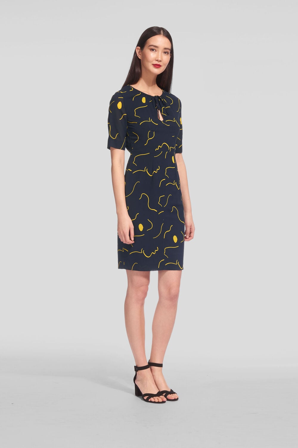 Magnolia Tie Neck Silk Bodycon Navy/Multi