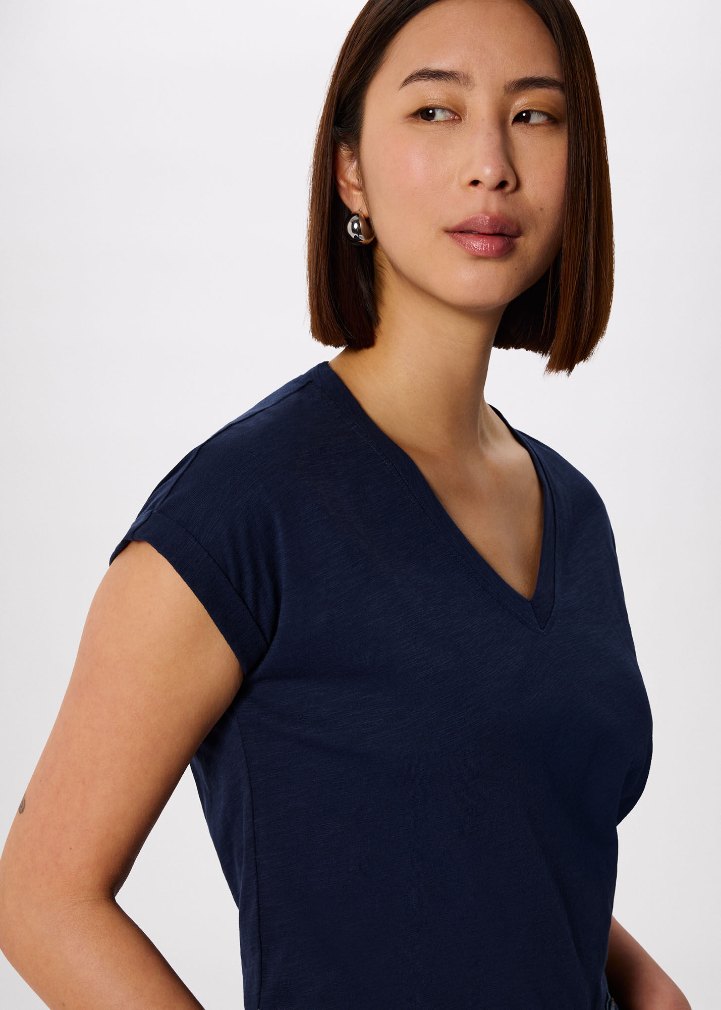 Navy Willa V Neck Cap Sleeve Tee | WHISTLES | Whistles UK |