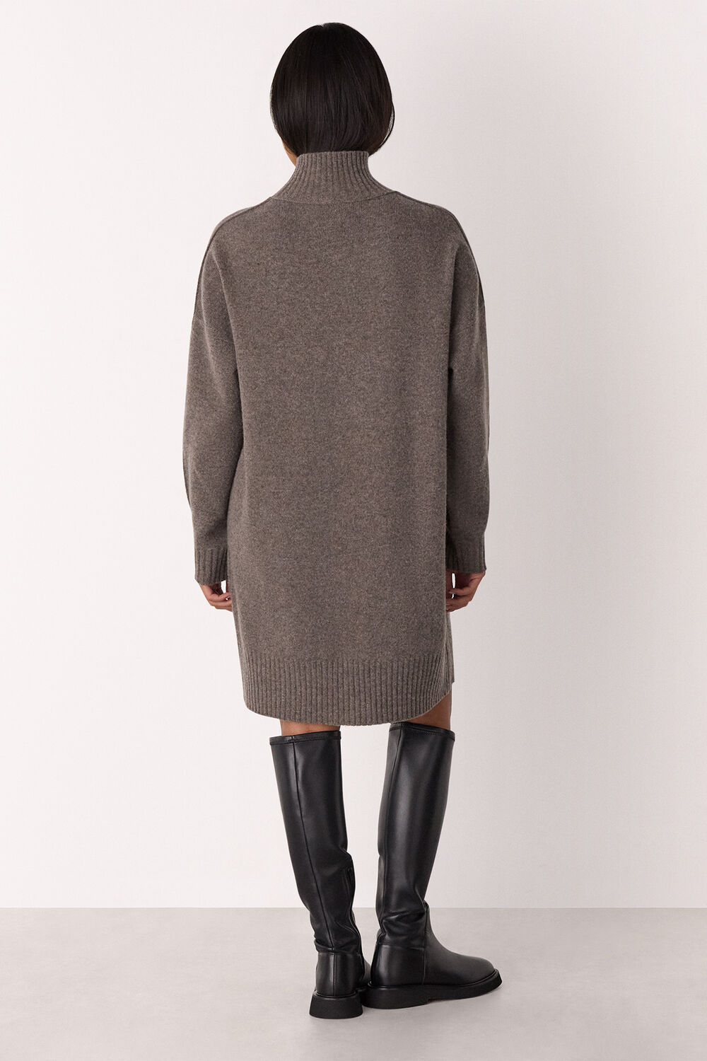 Taupe Petite Funnel Neck Wool Mini Dress