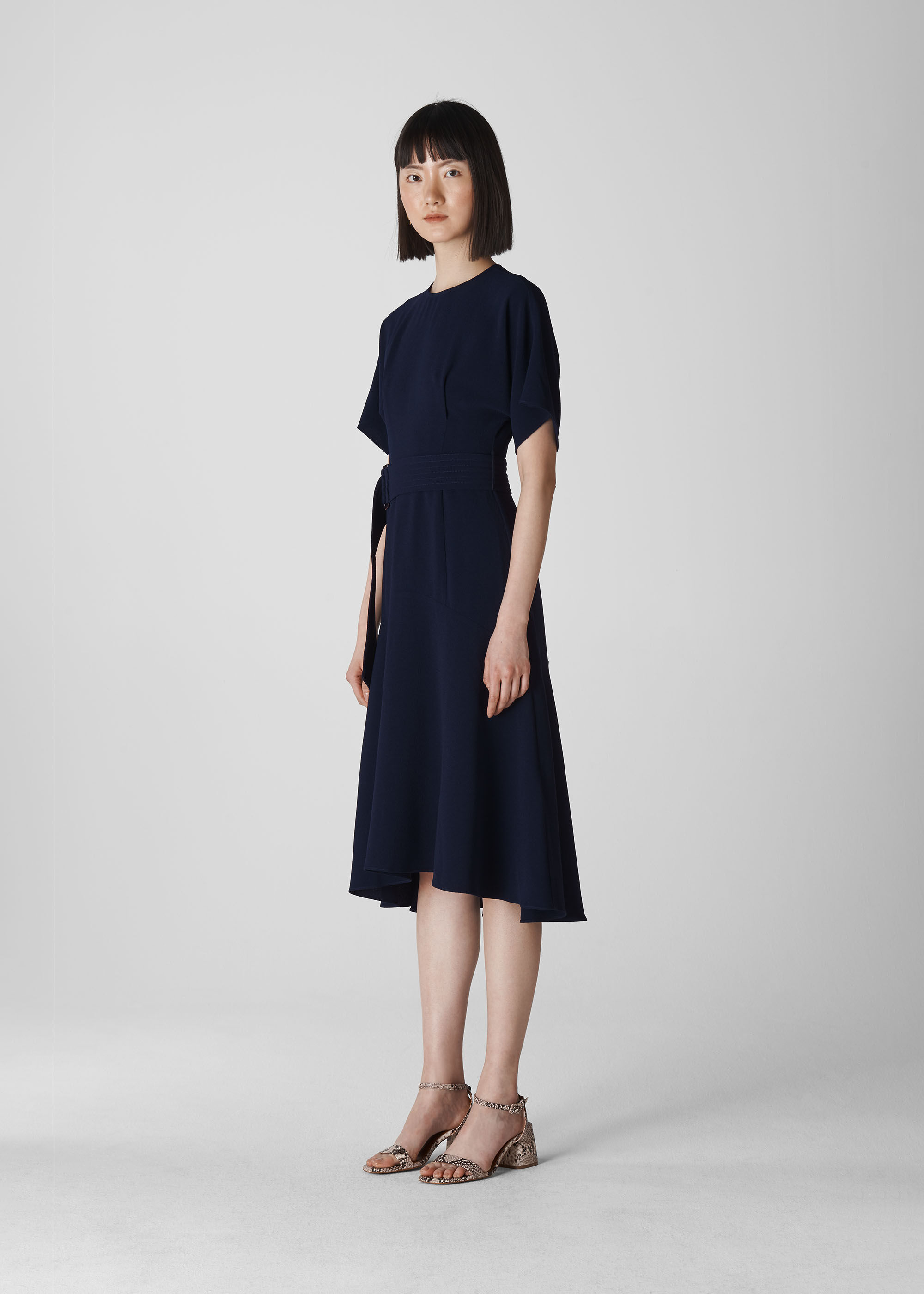 navy blue belted dress