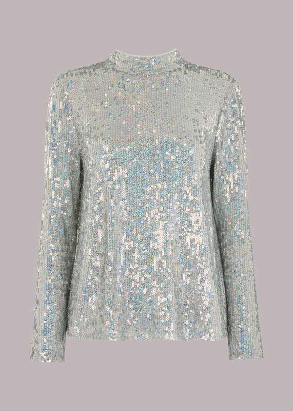 Silver High Neck Sequin Top