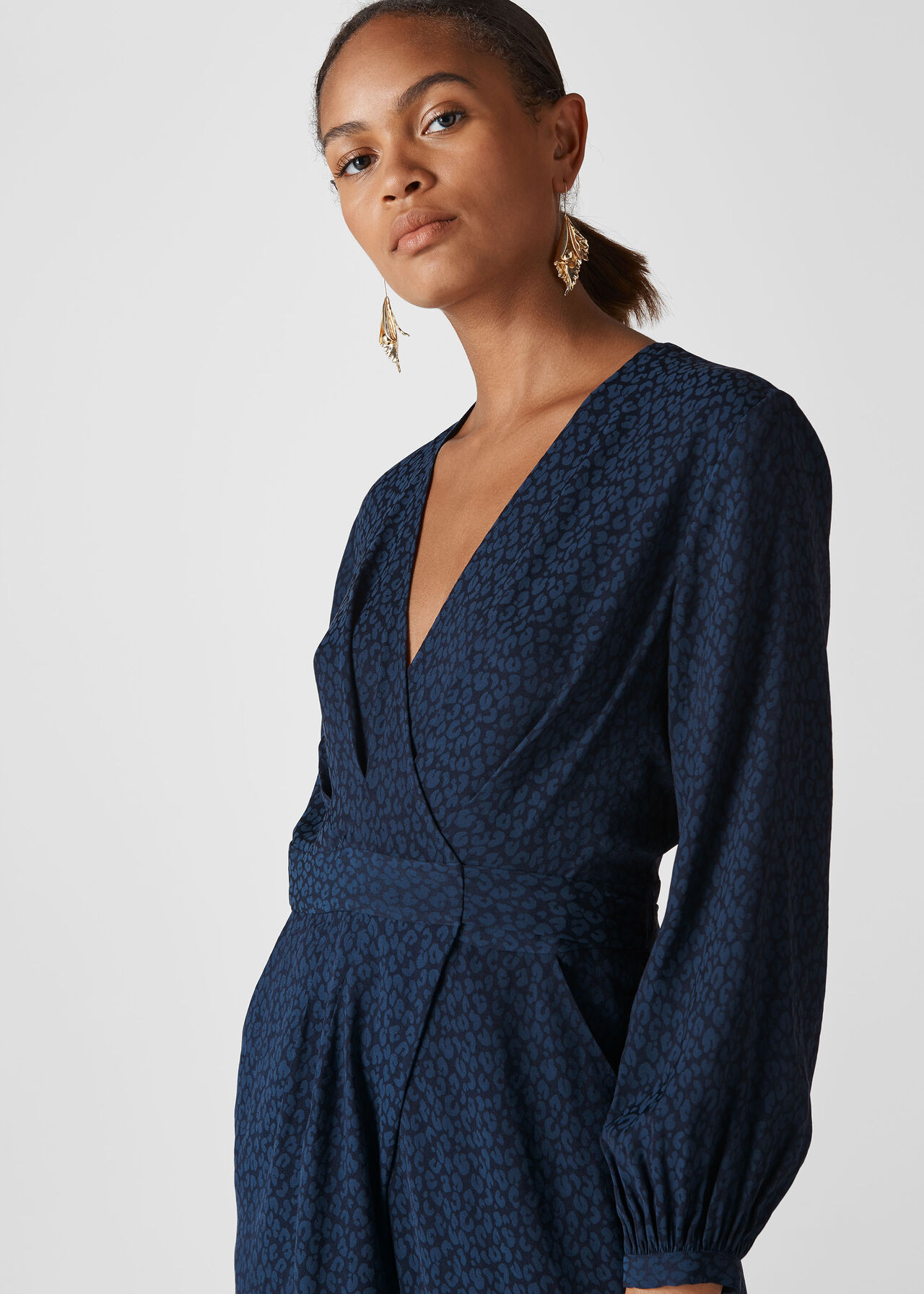 Animal Jacquard Wrap Jumpsuit Navy