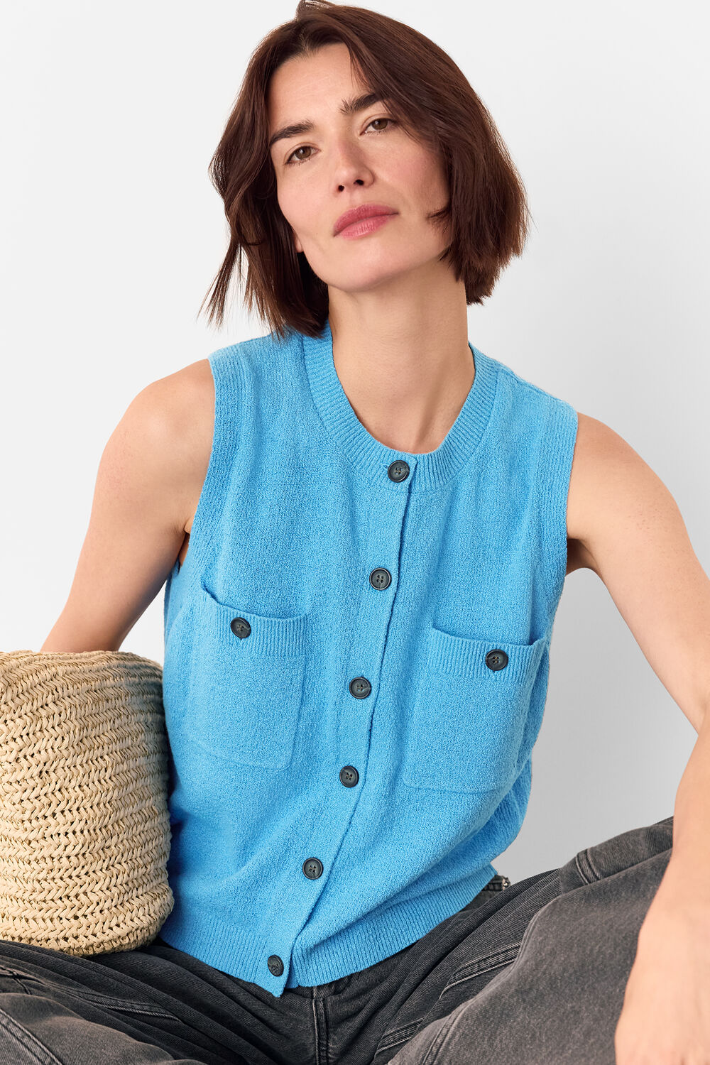 Blue Cotton Boucle Textured Tank