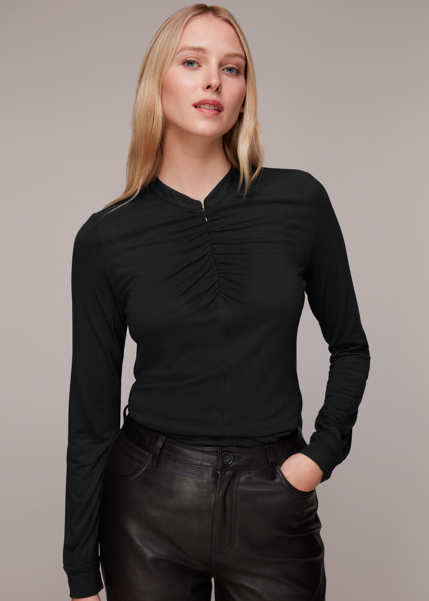 Black Ruched Zip Neck Top | WHISTLES | Whistles ROW |