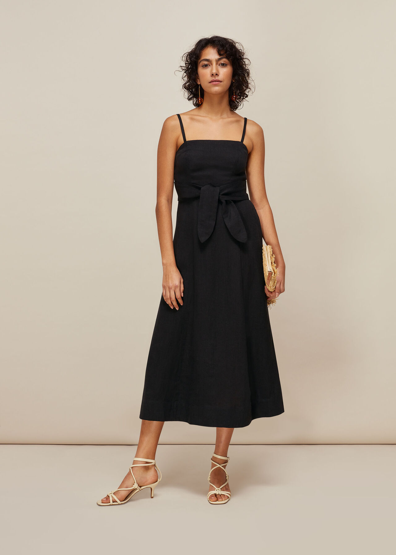 Linen Tie Front Strappy Dress Black