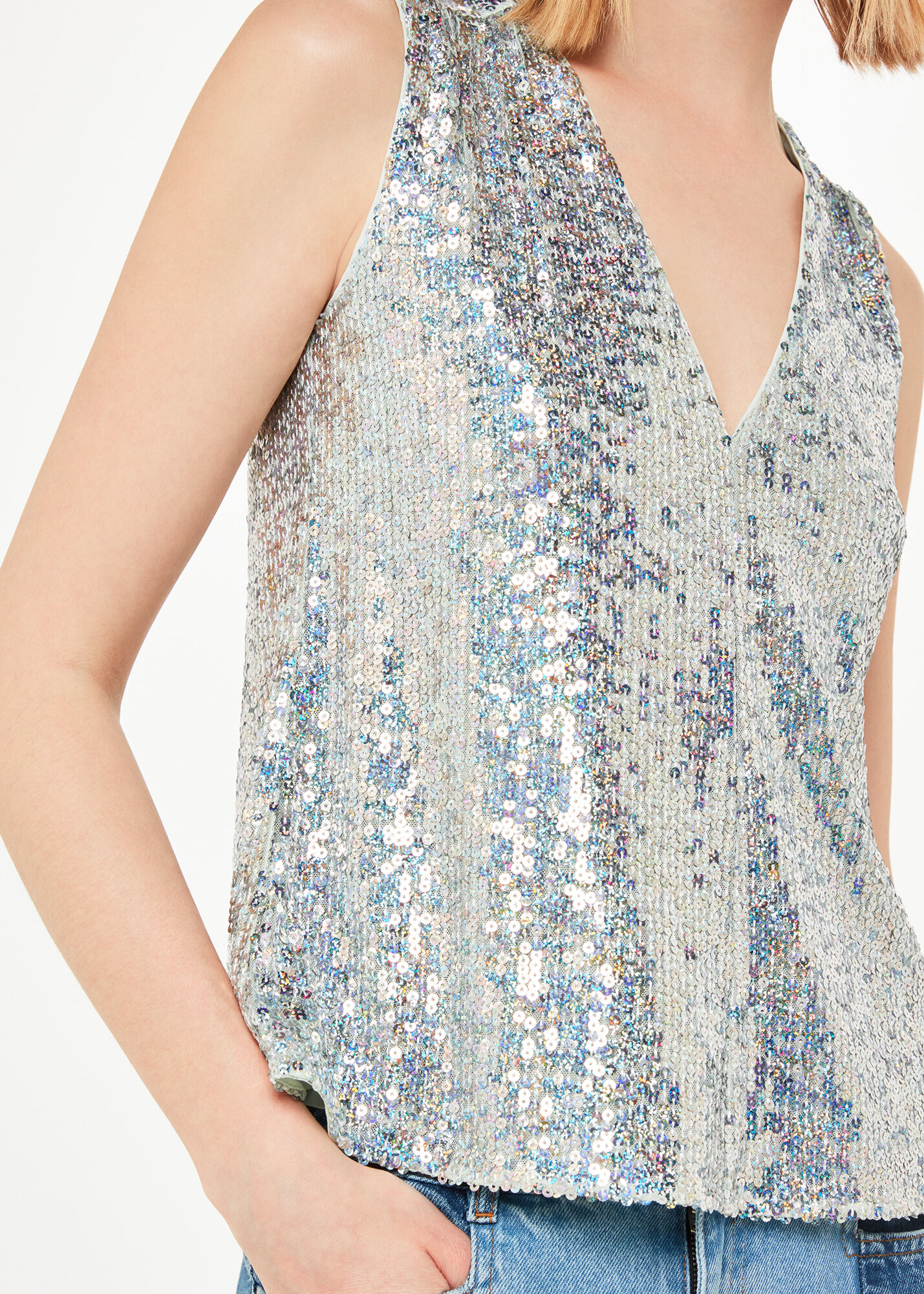 Silver Sequin Sleeveless V Neck Vest Top Whistles