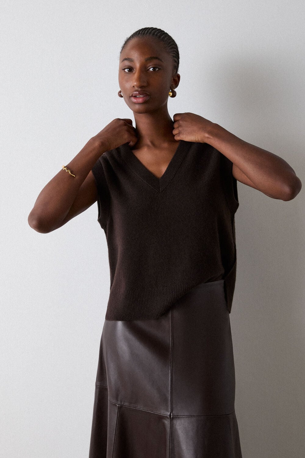 Brown Cashmere V Neck Tank