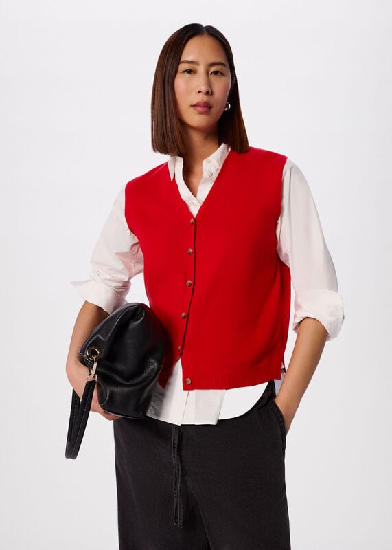 Red V Neck Button Front Knit Tank