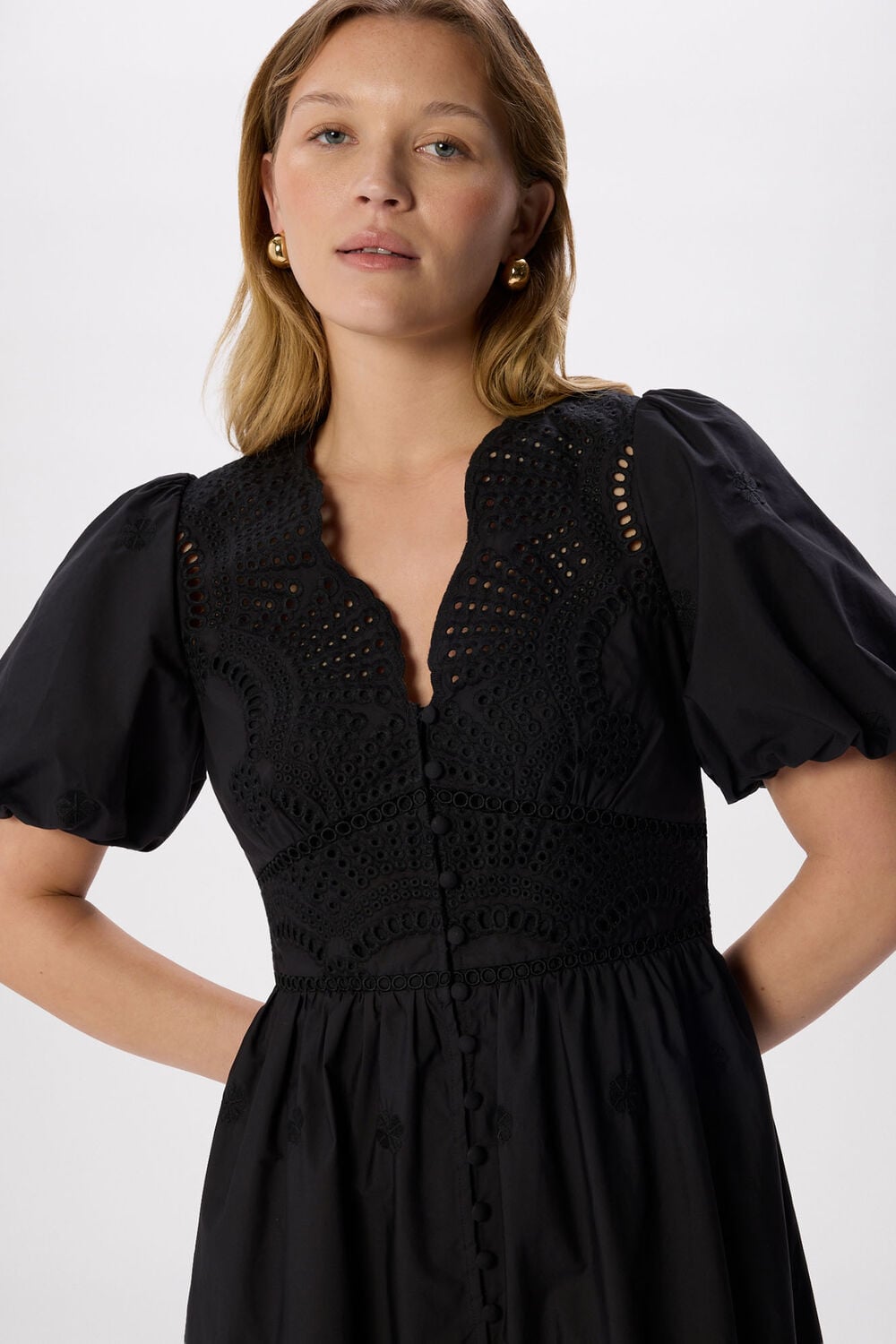 Black Petite Cotton Broderie V Neck Dress