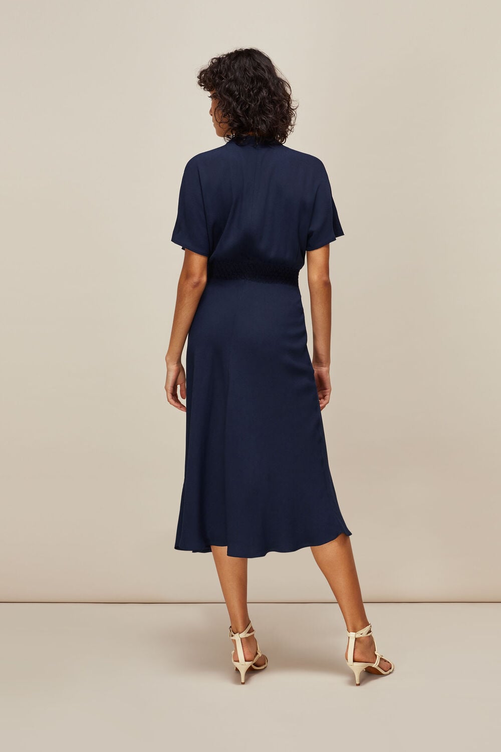 Shirred Waist Midi Dress Navy