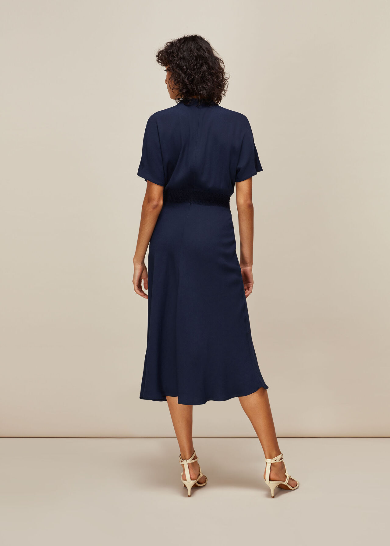 Shirred Waist Midi Dress Navy