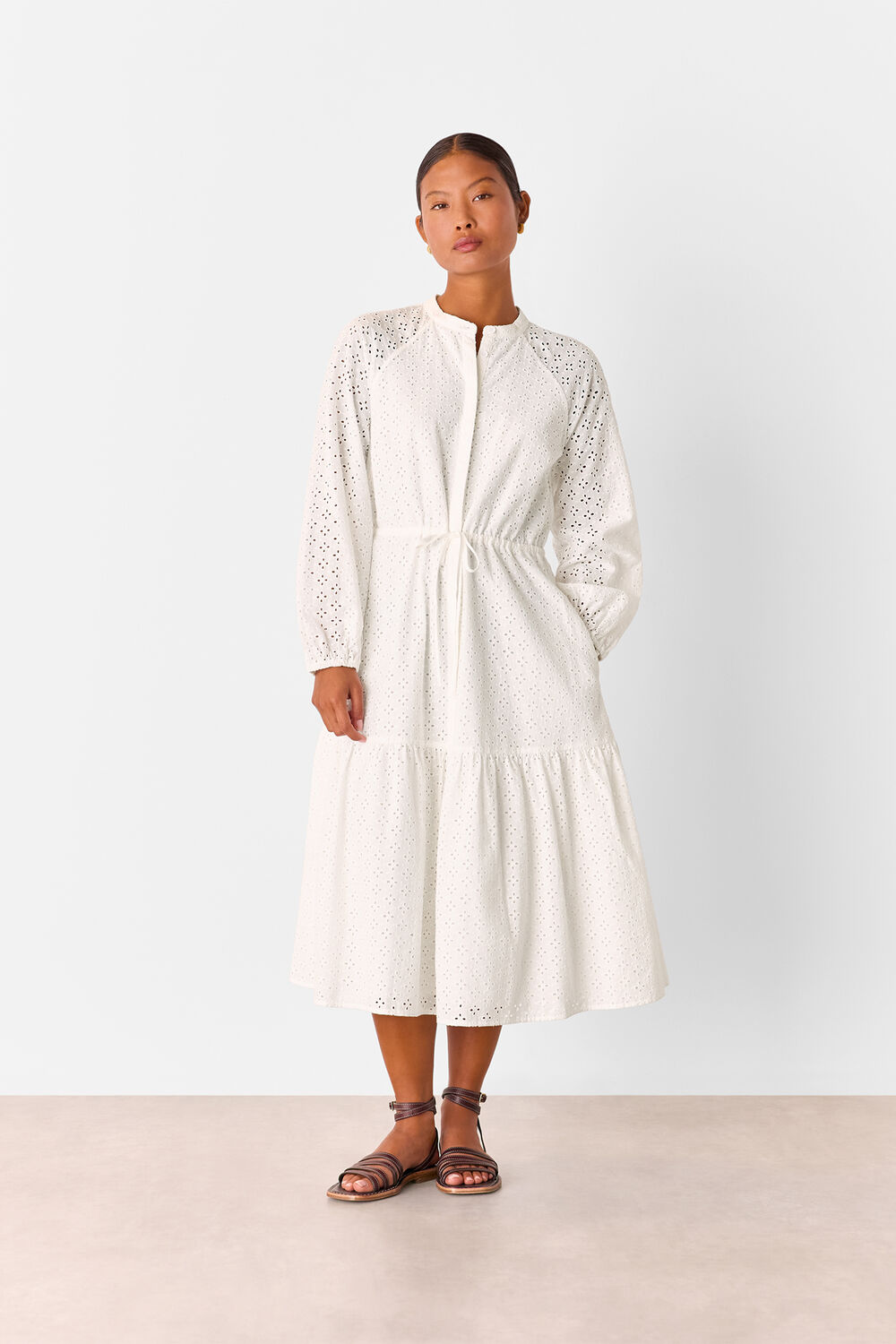 White Petite Broderie Midi Dress