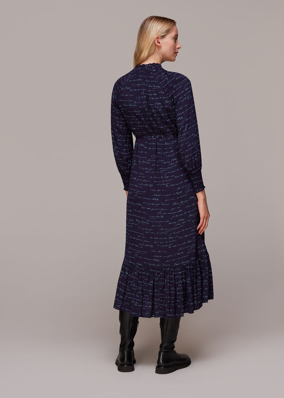 Navy French Handwriting Midi Dress