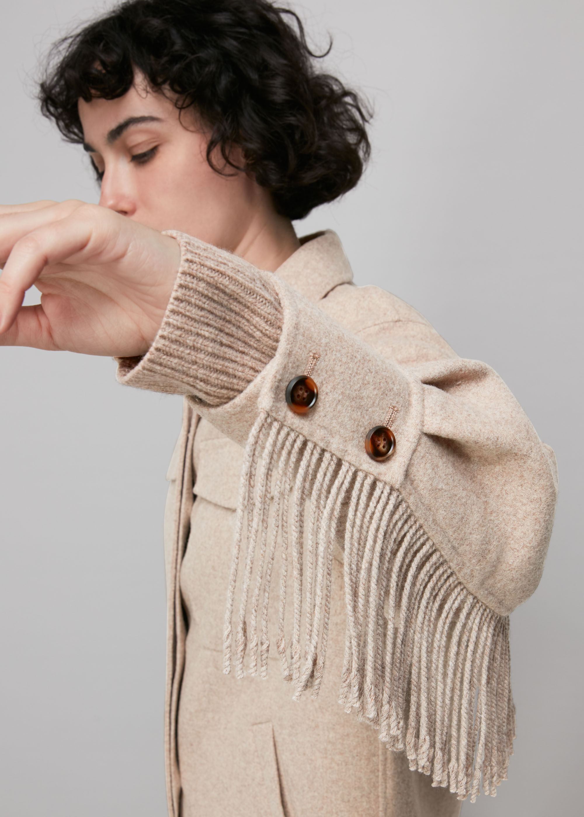 Oatmeal Fringe Detail Wool Overshirt | WHISTLES | Whistles UK |
