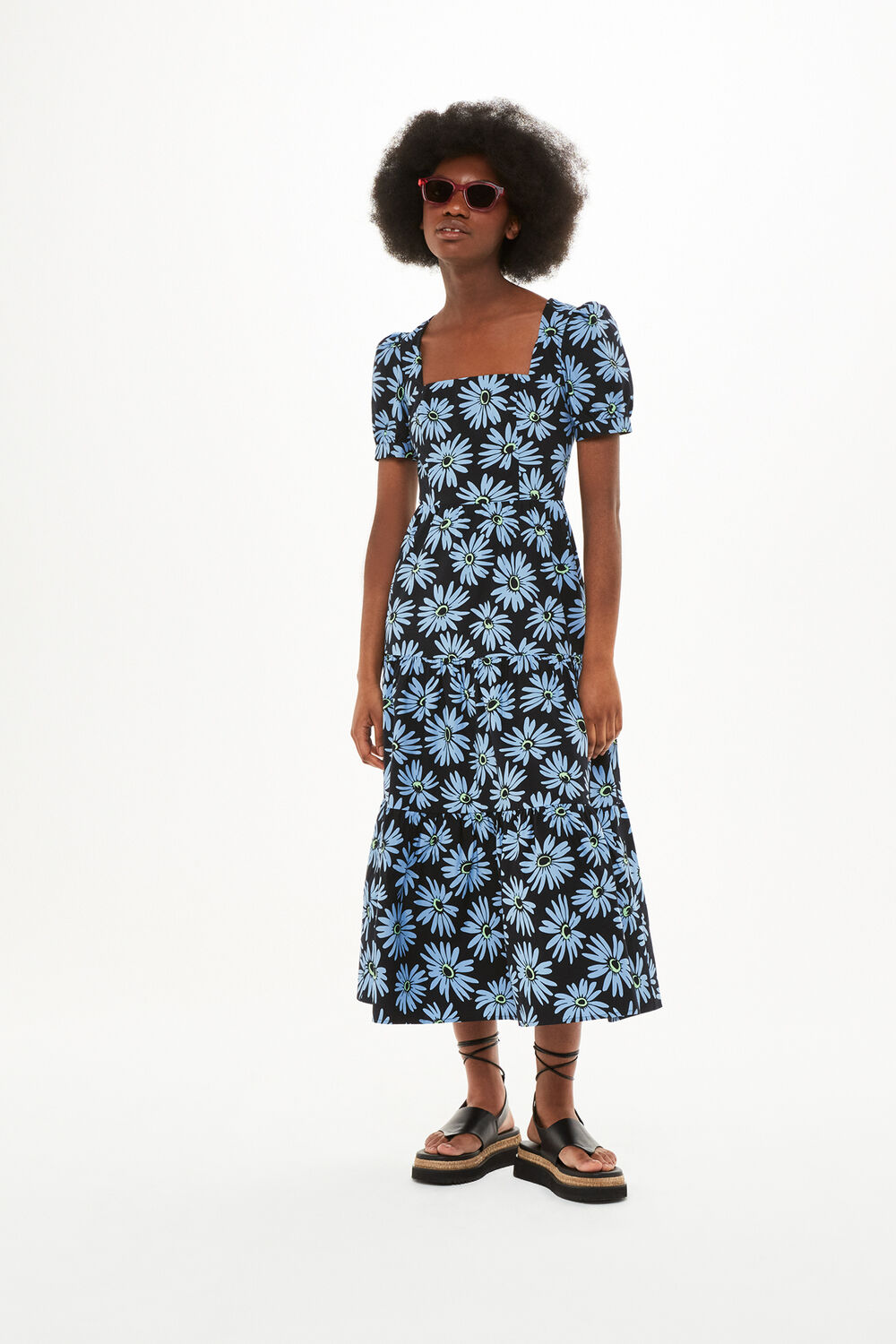Blue Daisy Print Poplin Dress