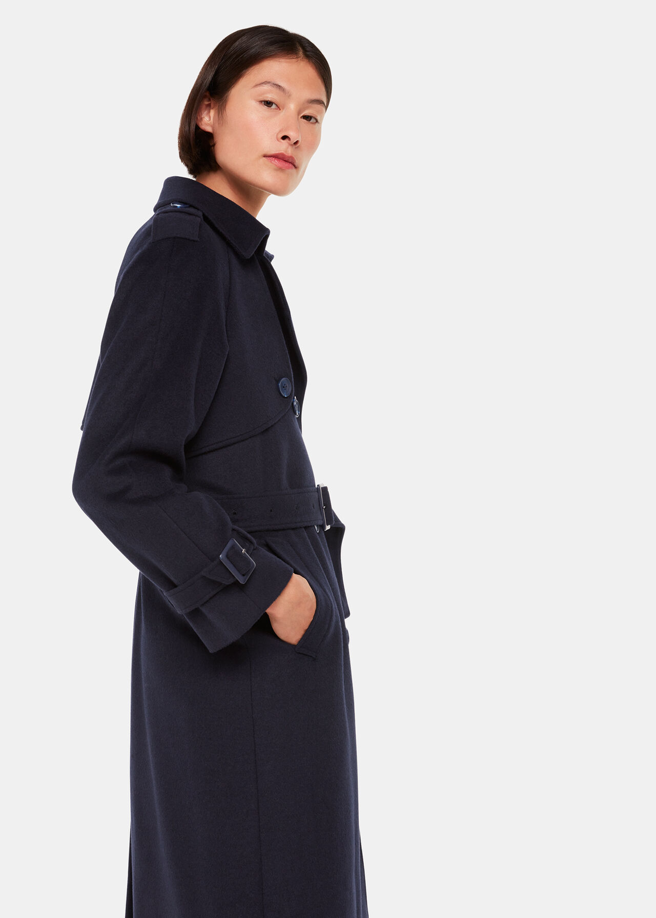 Navy Wool Longline Mac Coat with a Tie Waist | Whistles | Whistles UK