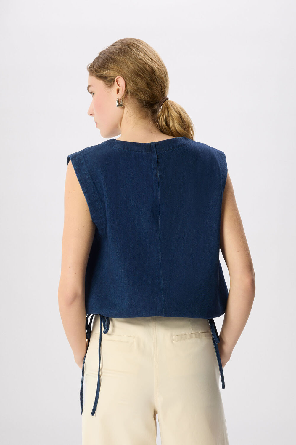 Dark Denim Drawstring Detail Cotton Top