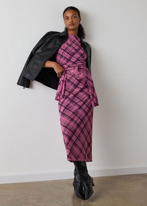 Pink Check Mesh Midi Dress