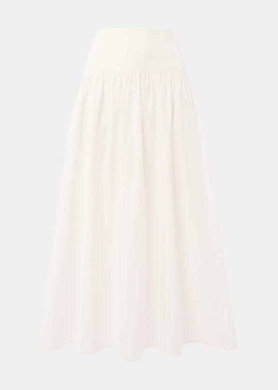 White Cotton Waisted Midi Skirt