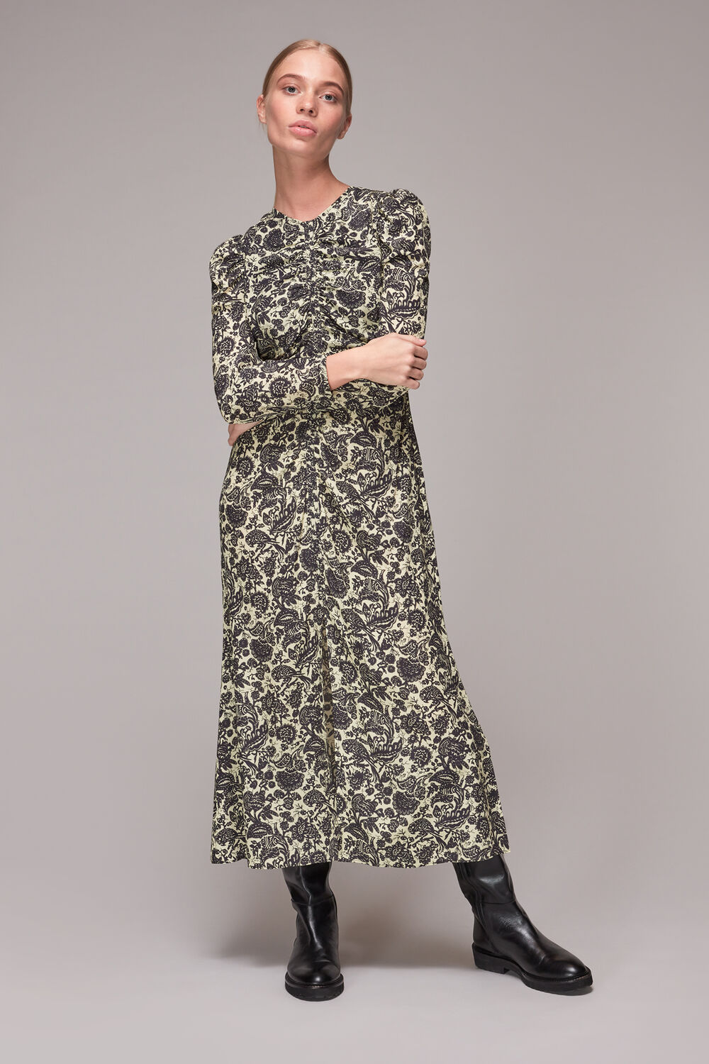 Folk Floral Silk Ruched Dress