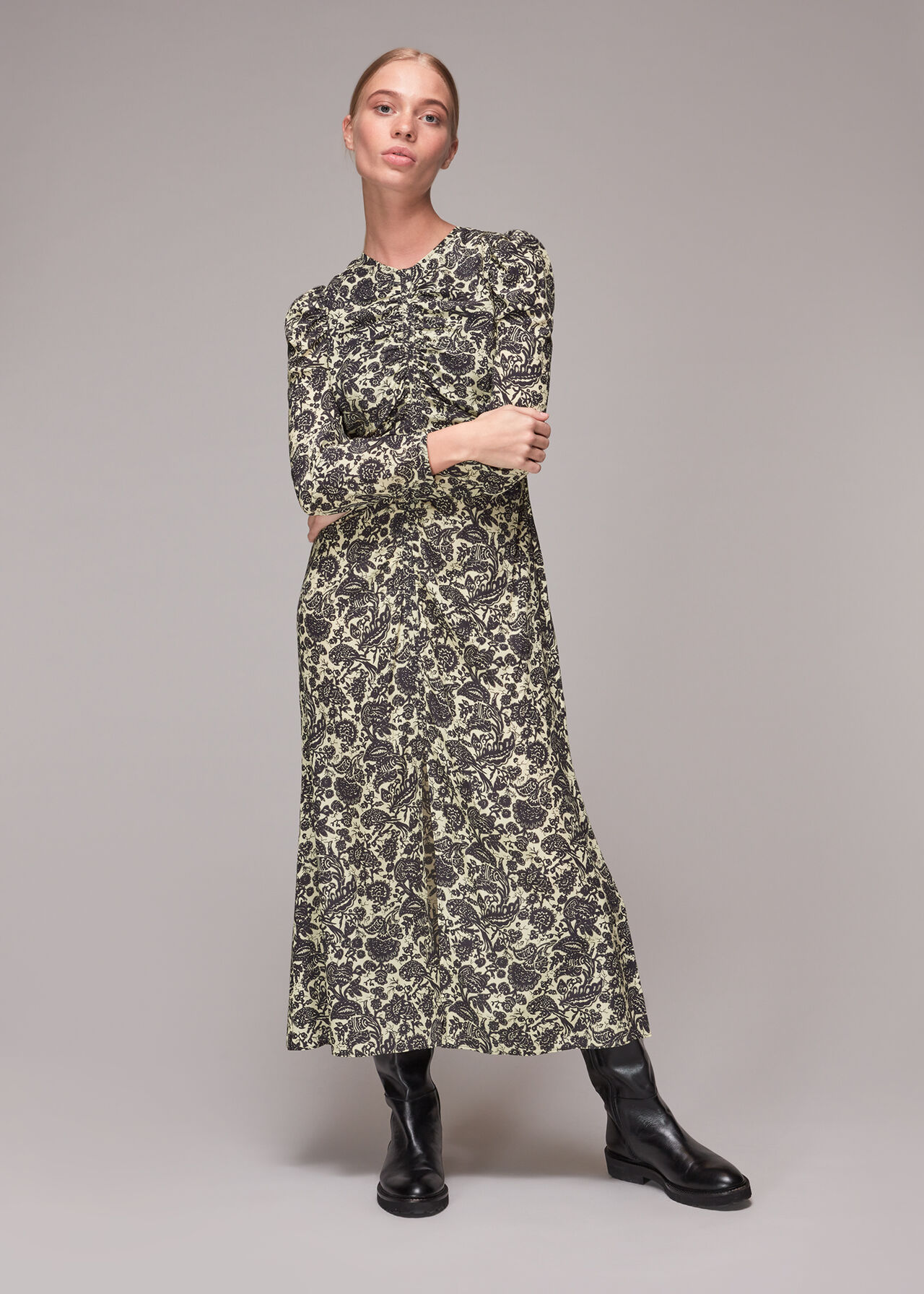 Folk Floral Silk Ruched Dress