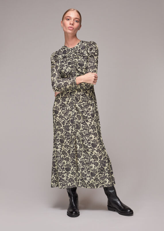 Multicolour Folk Floral Silk Ruched Dress