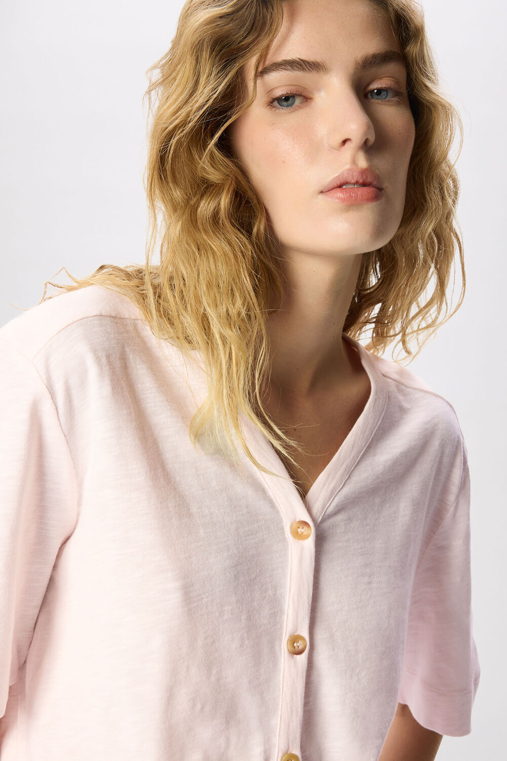 Pale Pink Ella V Neck Button Through Tee