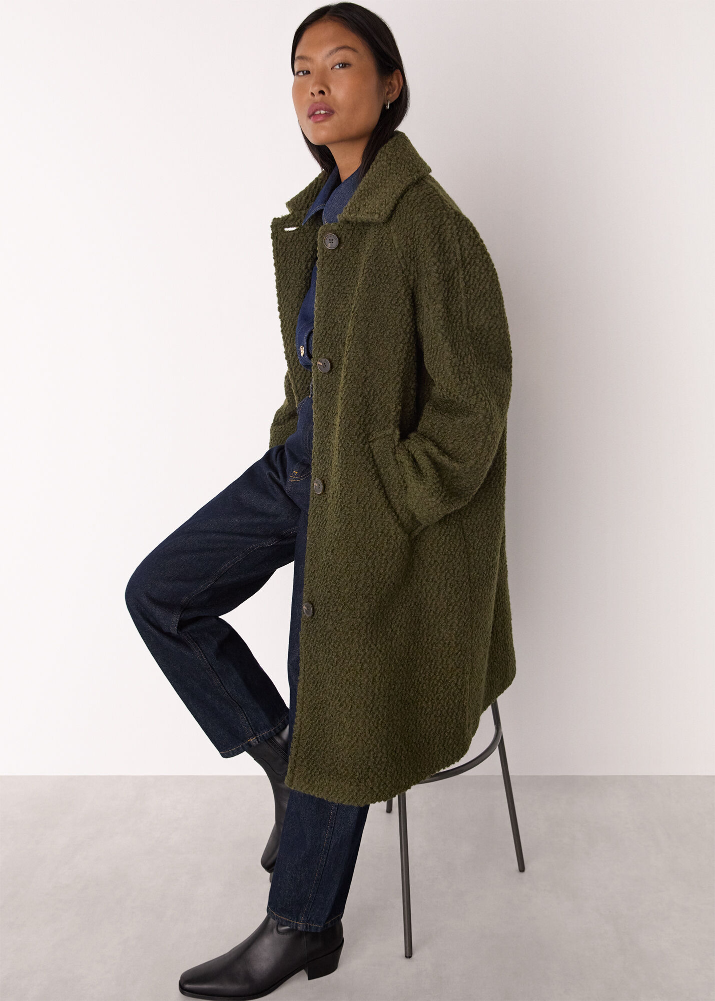 Khaki Petite Romy Boucle Coat | WHISTLES | Whistles UK |