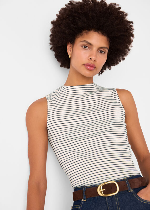 Ivory Stripe High Neck Rib Tee