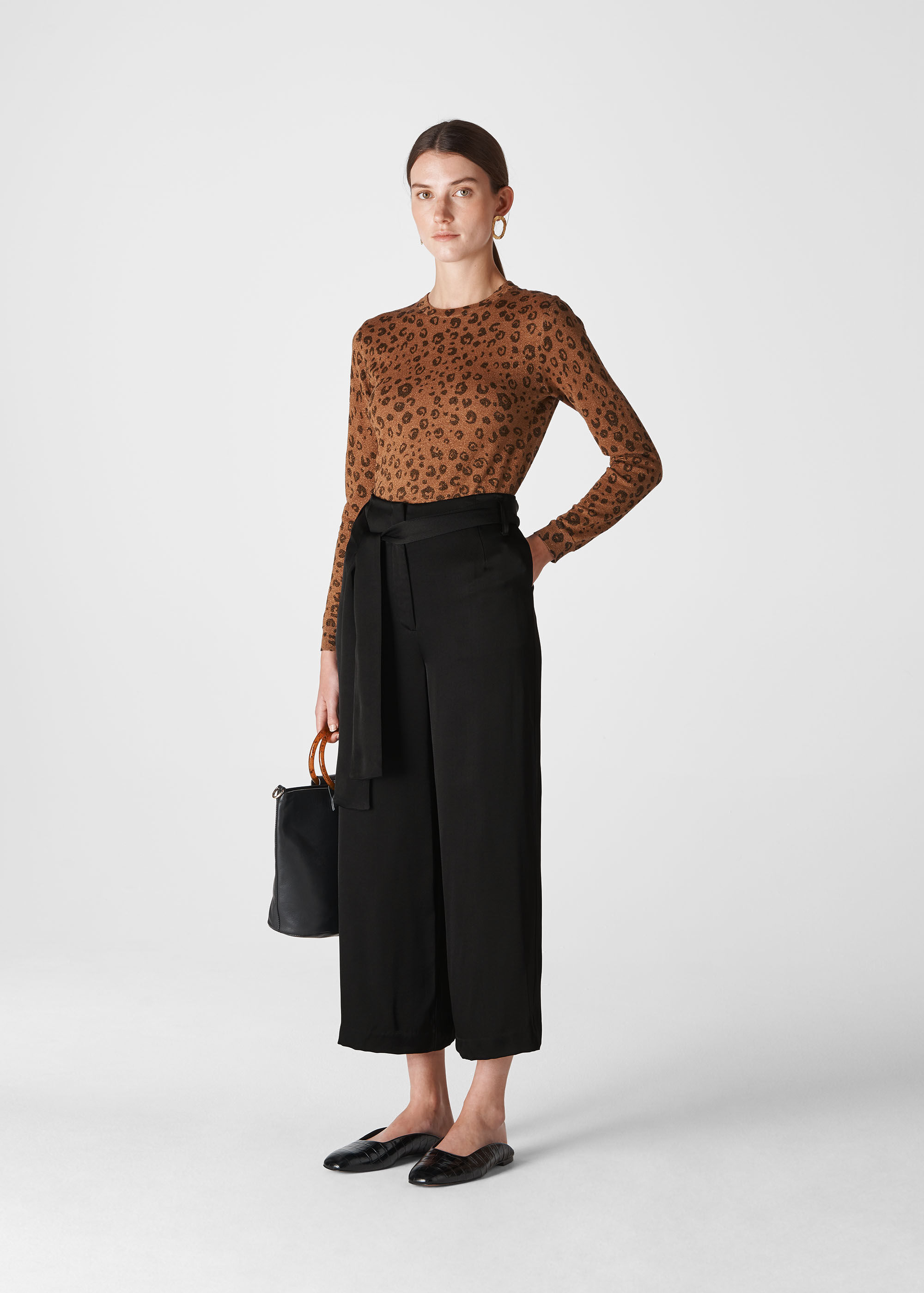 Black belted wide leg trousers hot sale