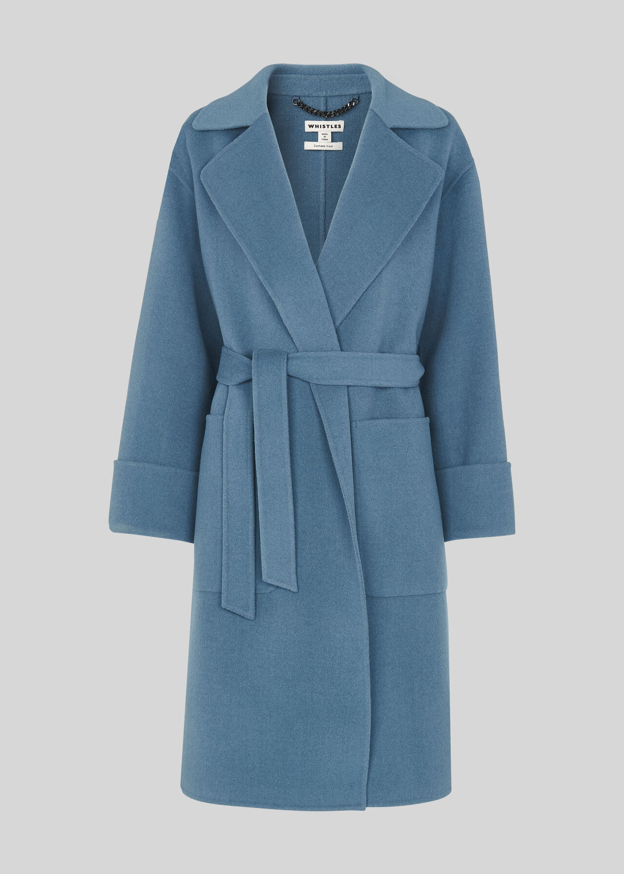 Double Faced Wool Wrap Coat Blue