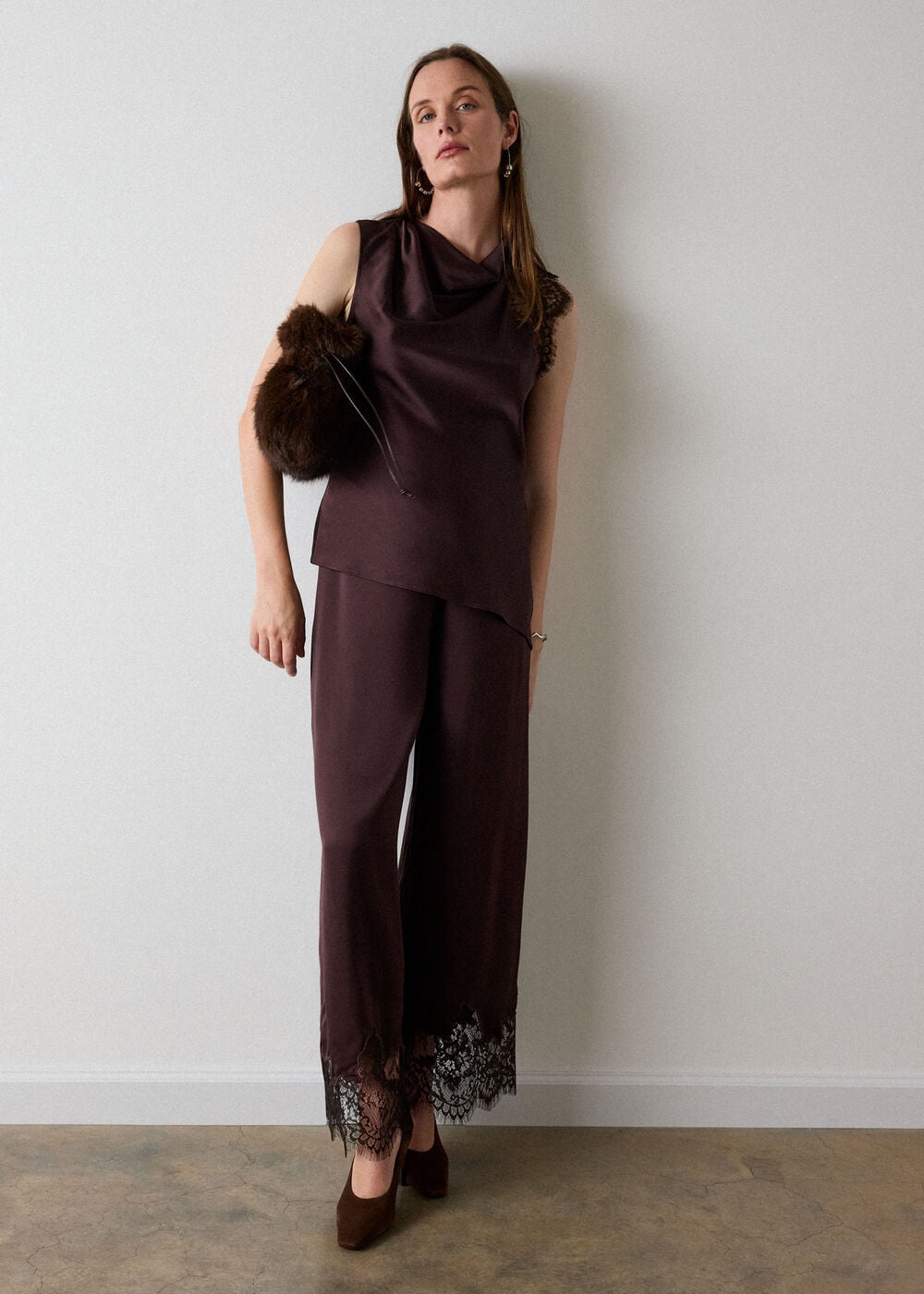 Chocolate Lace Asymmetric Satin Top