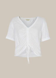Drawstring Tie Linen Top White
